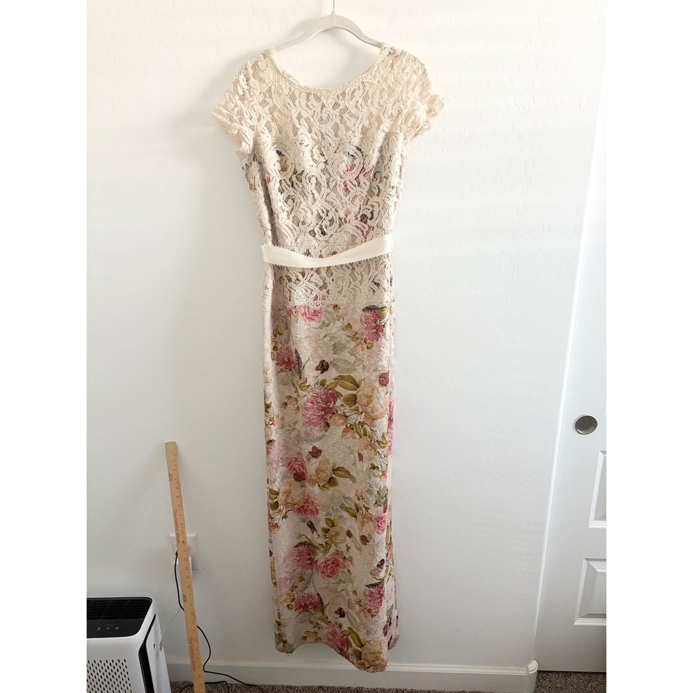 Adrianna Papell Floral Lace Maxi Dress Ivory Pink Cap Sleeve Formal Gown Size 8 - Picture 7 of 10